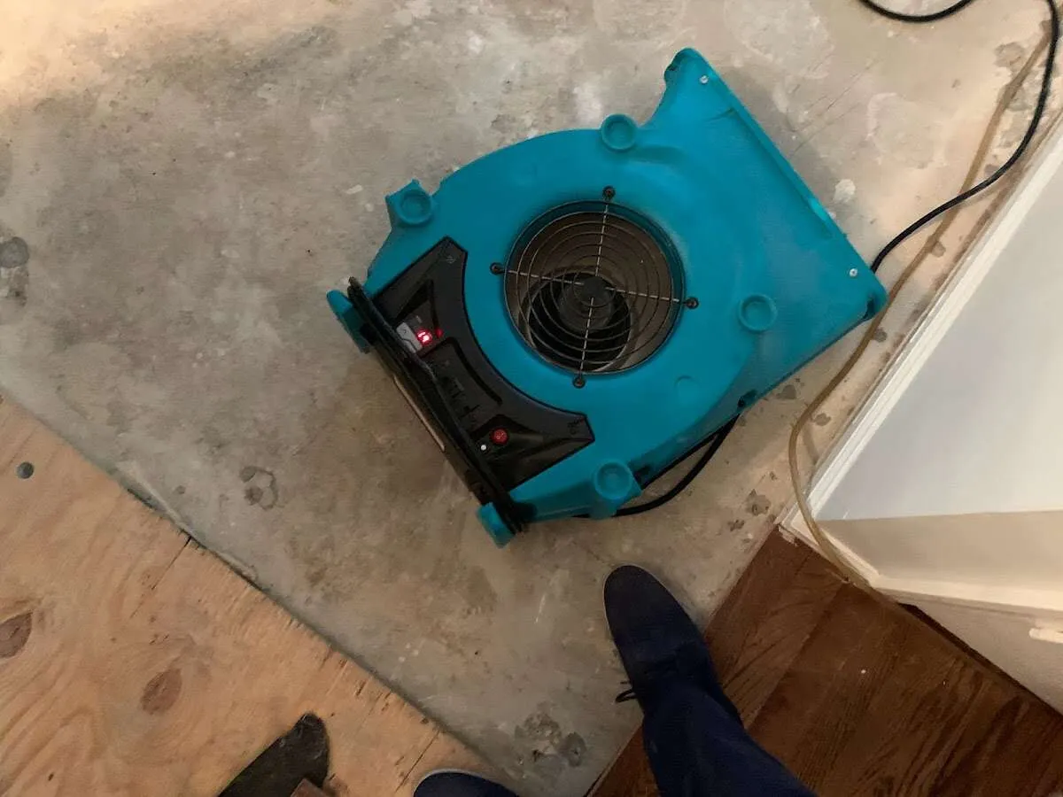 Air mover drying subfloor during Leak Detection & Repair in Byram